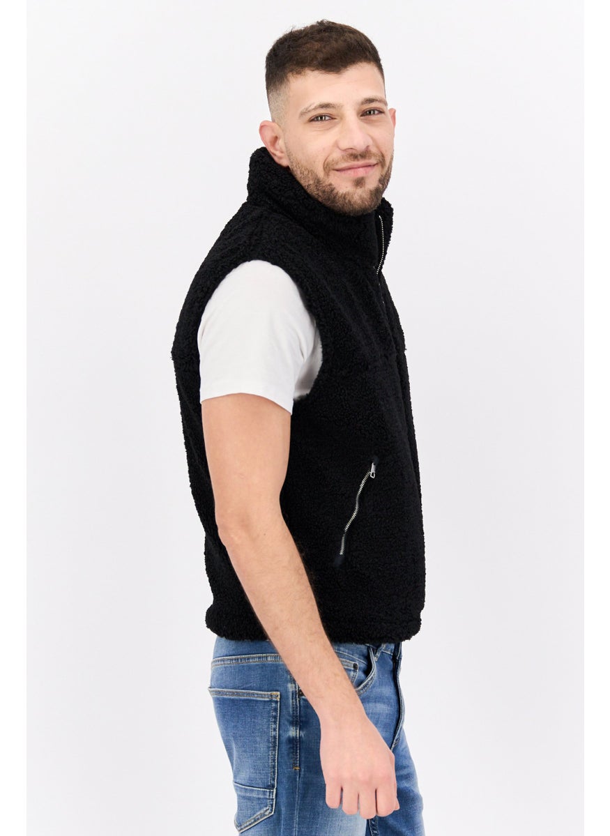 ESPRIT - Men Embroidered Logo Faux Fur Vest Jackets, Black - Image 1