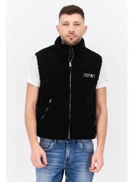 Men Embroidered Logo Faux Fur Vest Jackets, Black