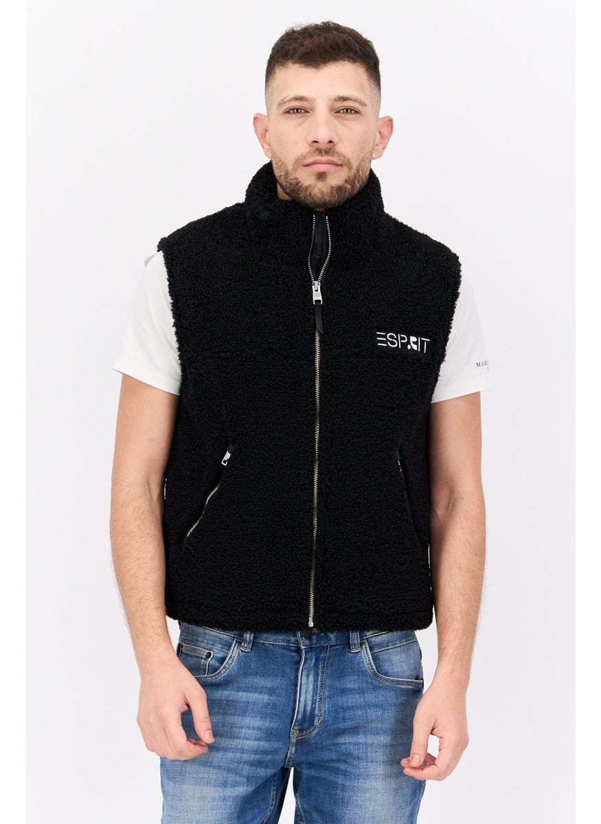 ESPRIT - Men Embroidered Logo Faux Fur Vest Jackets, Black - Image 1
