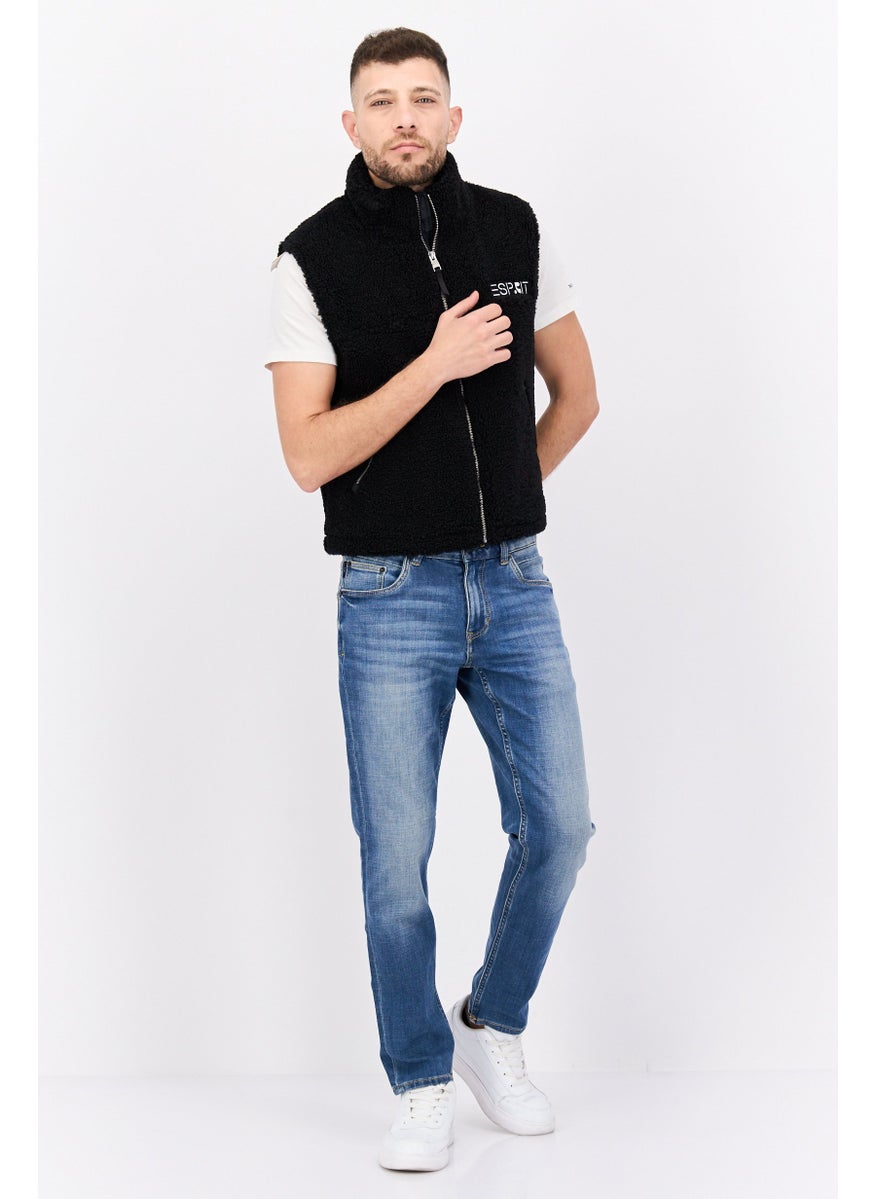 ESPRIT - Men Embroidered Logo Faux Fur Vest Jackets, Black - Image 1