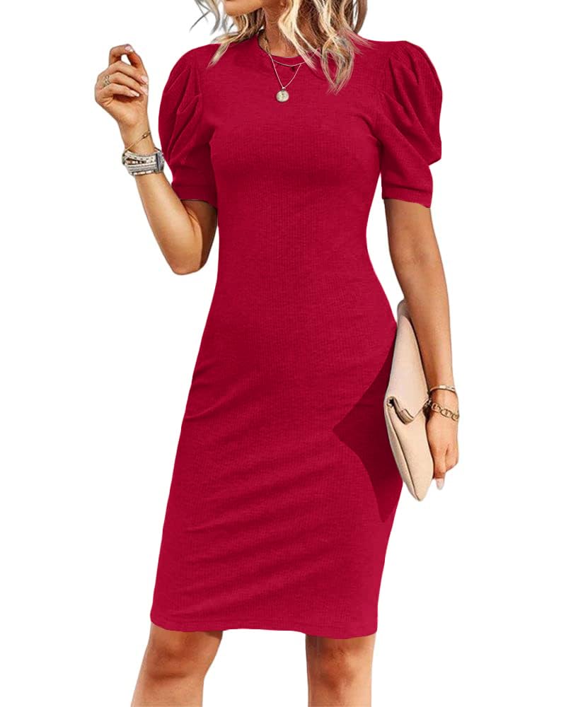 Cicy Bell Women's Puff Sleeve Bodycon Work Dresses Crew Neck Business Casual Office Pencil Dress Red - Image 1