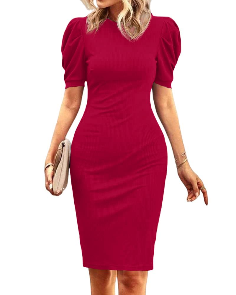 Cicy Bell Women's Puff Sleeve Bodycon Work Dresses Crew Neck Business Casual Office Pencil Dress Red - Image 2