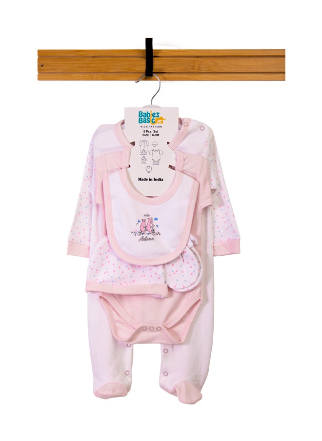Babies Basic 5 Piece Unisex 100% Cotton Gift Set Include Bib, Romper, Mittens, Cap And Sleepsuit/Jumpsuit- Hello Autumn  - Image 1