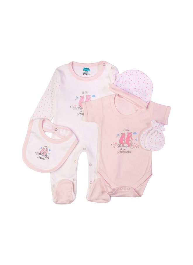 Babies Basic 5 Piece Unisex 100% Cotton Gift Set Include Bib, Romper, Mittens, Cap And Sleepsuit/Jumpsuit- Hello Autumn  - Image 2