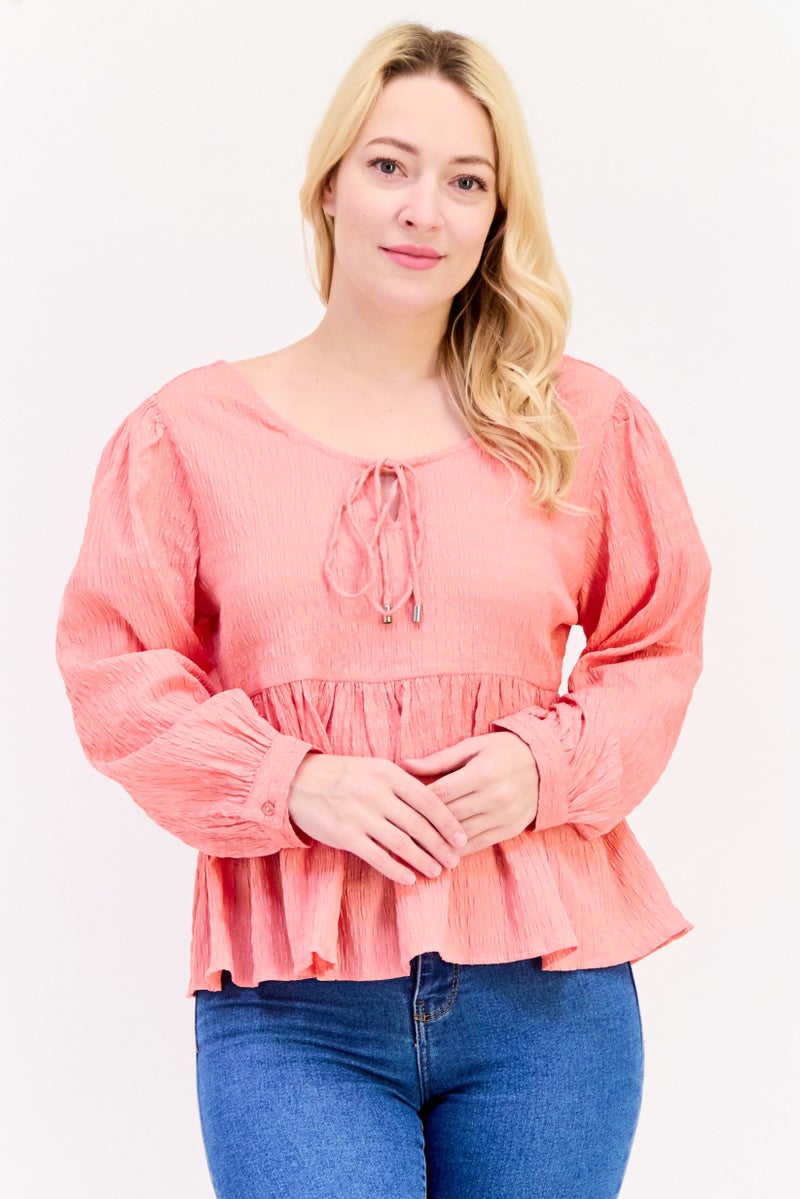 ONLY Women Round Neck Long Sleeve Textured Top, Pink - Image 1