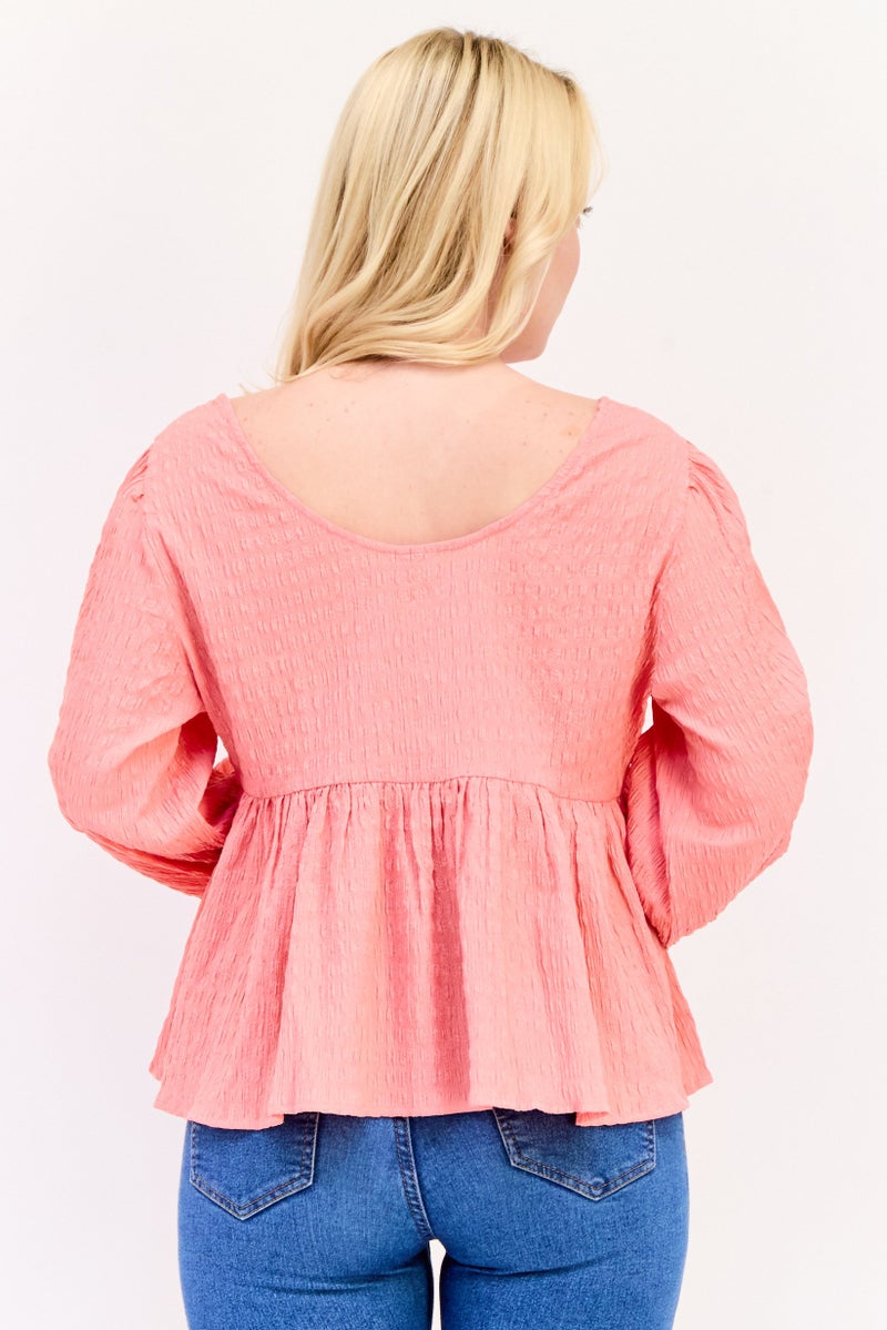 ONLY Women Round Neck Long Sleeve Textured Top, Pink - Image 3