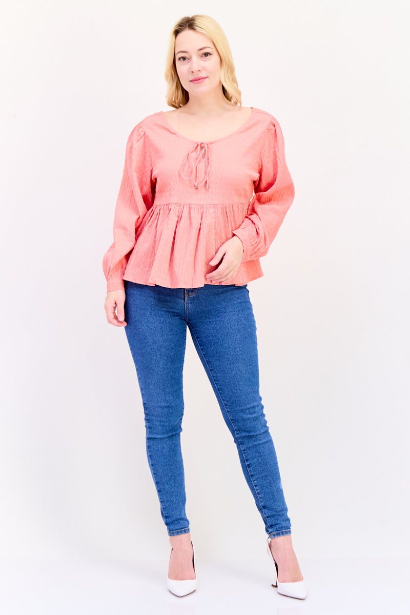 ONLY Women Round Neck Long Sleeve Textured Top, Pink - Image 2
