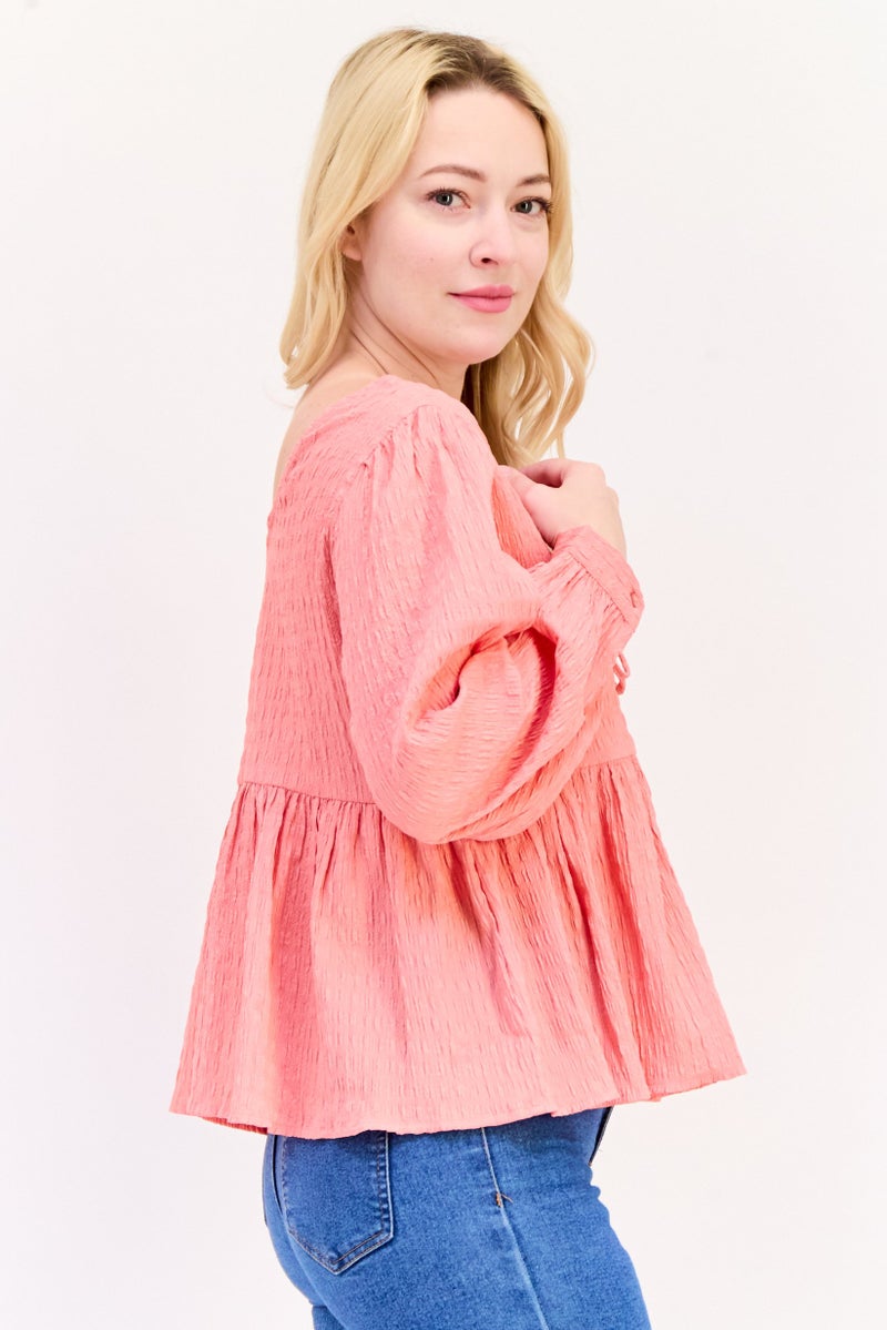 ONLY Women Round Neck Long Sleeve Textured Top, Pink - Image 4