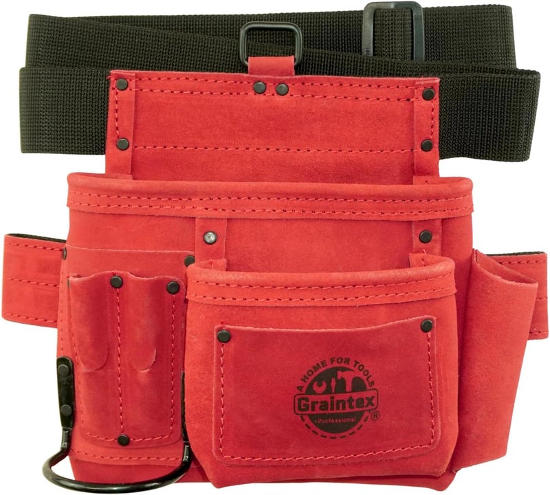 5 Pocket Suede Leather Tool Belt/Bag | Red | Multipurpose Leather Tool Belt for Women and Men | Construction, Electrician, Handymen, Carpenter, Gardening Pouch and DIY Projects
