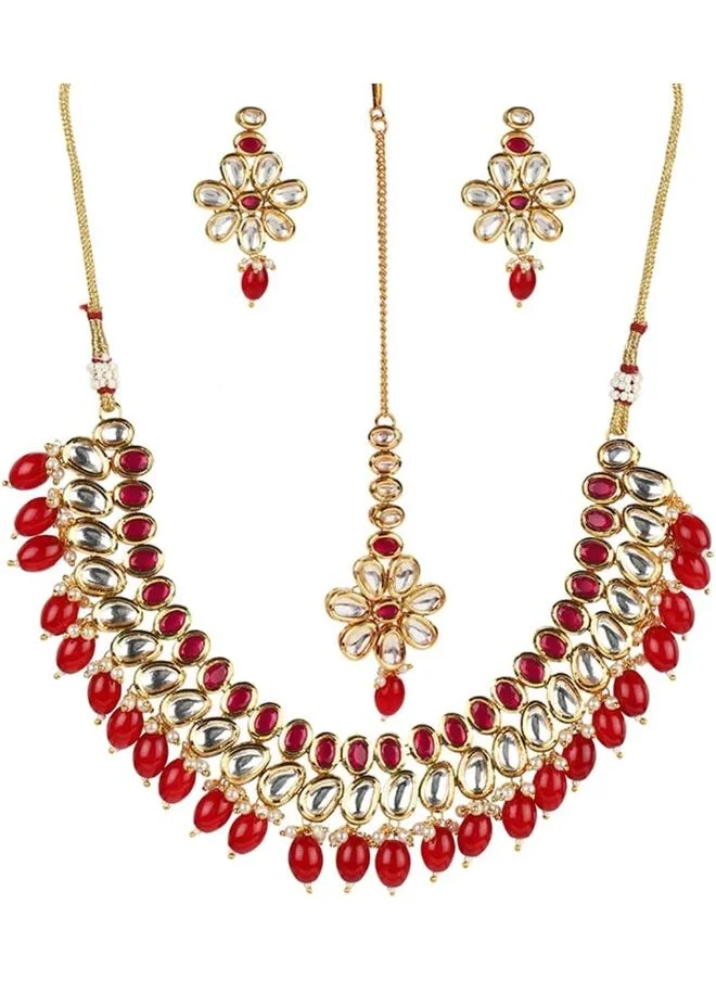 فويلا Kundan Gold Plated Red Beaded Necklace Set