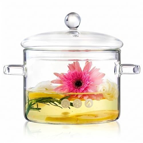 YYZIIOQ 67 oz Clear Glass Simmer Pot with Lid for Cooking on Stove - 1900ml Heat-Resistant Borosilicate Glass Pot for Potpourri, Soup, Pasta and Baby Food - Stovetop Safe Cookware with Dual Handles - Image 1