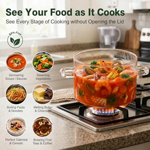 YYZIIOQ 67 oz Clear Glass Simmer Pot with Lid for Cooking on Stove - 1900ml Heat-Resistant Borosilicate Glass Pot for Potpourri, Soup, Pasta and Baby Food - Stovetop Safe Cookware with Dual Handles - Image 4