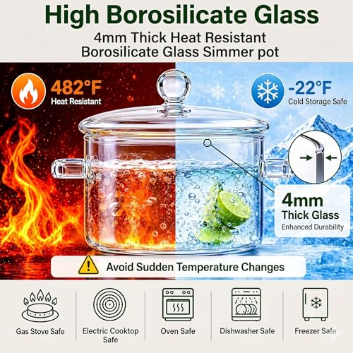 YYZIIOQ 67 oz Clear Glass Simmer Pot with Lid for Cooking on Stove - 1900ml Heat-Resistant Borosilicate Glass Pot for Potpourri, Soup, Pasta and Baby Food - Stovetop Safe Cookware with Dual Handles - Image 3