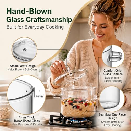 YYZIIOQ 67 oz Clear Glass Simmer Pot with Lid for Cooking on Stove - 1900ml Heat-Resistant Borosilicate Glass Pot for Potpourri, Soup, Pasta and Baby Food - Stovetop Safe Cookware with Dual Handles - Image 5