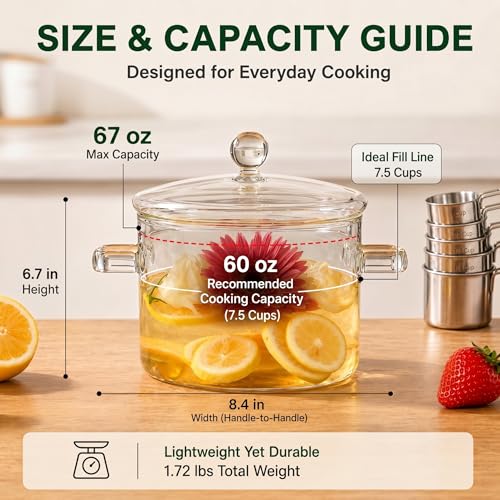 YYZIIOQ 67 oz Clear Glass Simmer Pot with Lid for Cooking on Stove - 1900ml Heat-Resistant Borosilicate Glass Pot for Potpourri, Soup, Pasta and Baby Food - Stovetop Safe Cookware with Dual Handles - Image 2