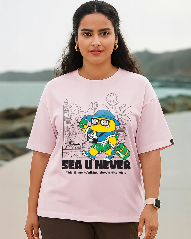 بيواكوف Women's Tendor Touch Pink Sea U Never Graphic Printed Oversized Plus Size T-shirt