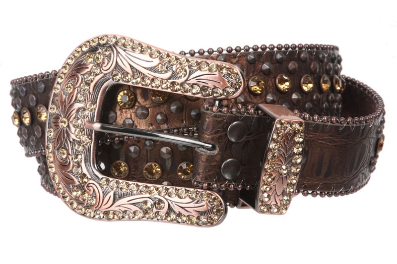 Beltiscool Western Cowgirl Faux Alligator Rhinestone Studded Leather Belt, Brown | 38" - Image 2
