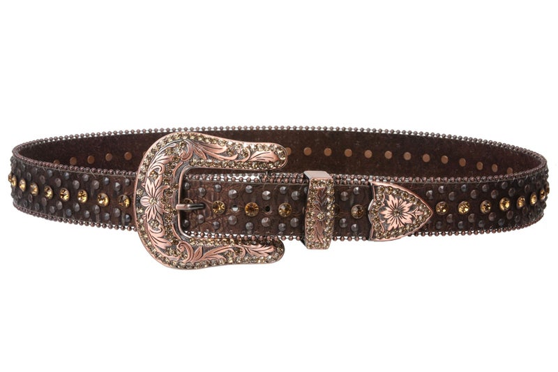 Beltiscool Western Cowgirl Faux Alligator Rhinestone Studded Leather Belt, Brown | 38" - Image 3