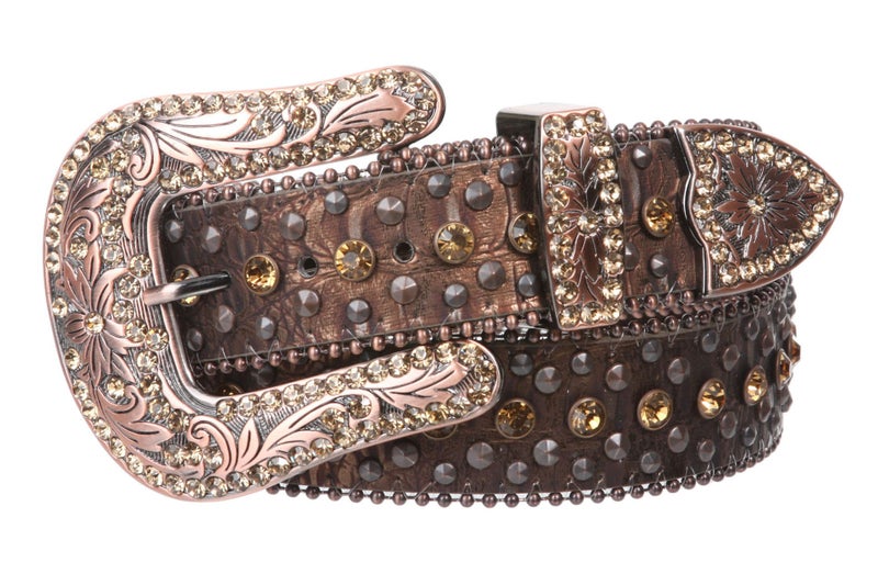 Beltiscool Western Cowgirl Faux Alligator Rhinestone Studded Leather Belt, Brown | 38" - Image 1