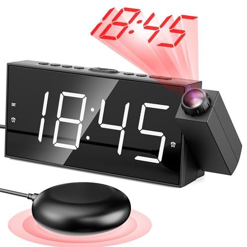 Projection Digital Alarm Clock with Bed Shaker for Bedroom Extra Loud Alarm Clock for Heavy Sleeper 180 Rotable Ceiling Projector Clock2 Alarm5 Dimmer VolumeUSB Charger Battery Backup1224H