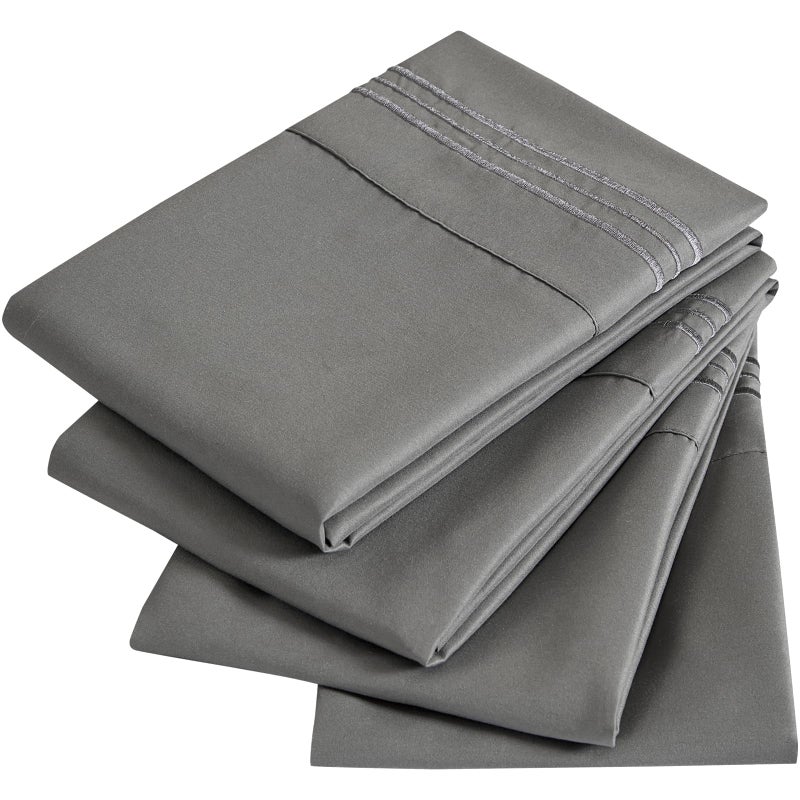 YIYEA King Pillow Cases Set of 4 Ultra Soft 1800TC Hotel Quality Double Brushed Microfiber Embroidered Pillowcases Envelope Closure Fade Resistant 20x36 Dark Grey