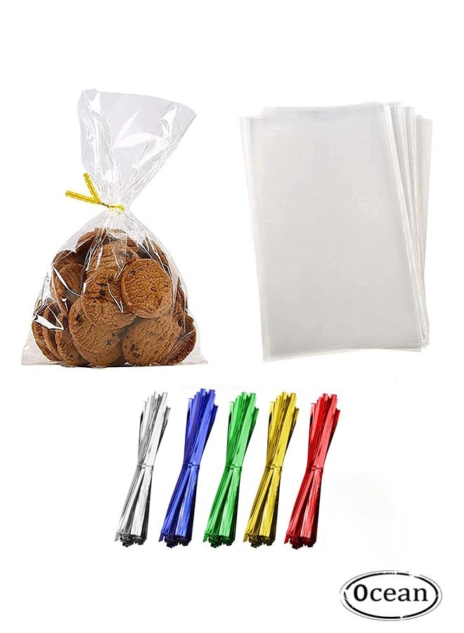 أوشن 100 قطعة أكياس بلاستيكية واضحة مع 5 ربطات ملونة ، كيس ملفات تعريف الارتباط 15 × 20 سم ، كيس الحلوى للهدايا الحفلية - Image 1