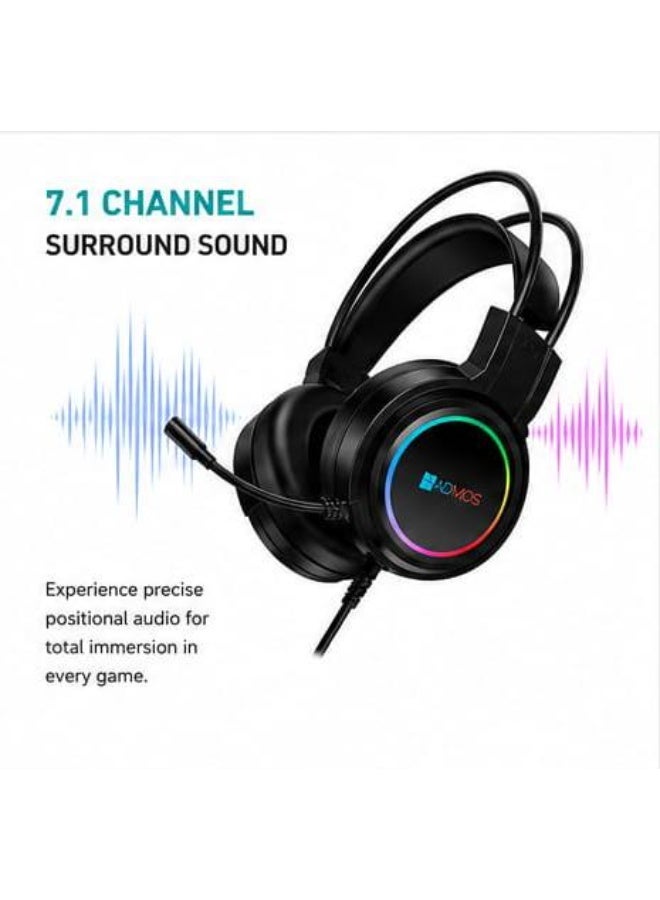 ADMOS AM-661 RGB Gaming Headset 7.1 Surround Sound Wired Headphones With Noise Cancelling Mic Deep Bass Gaming Earphones For PC Laptop PS5 Mobile Black - Image 3
