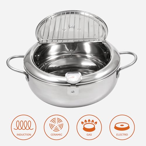 Kerilyn Deep Fryer Pot, 11 Inch/4.2 L Janpanese Style Tempura Frying Pot with Lid, 304 Stainless Steel with Temperature Control and Oil Drip Drainer Rack, for Kitchen French Fries, Chicken etc - Image 4
