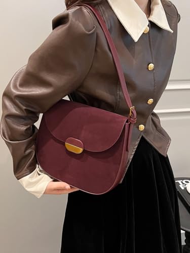 JOLILUNA Burgundy Suede Shoulder Bags For Women Brown Suede Small Trendy Wine Crossbody Bag Saddle Suede Satchel Bag (Burgundy) - Image 5