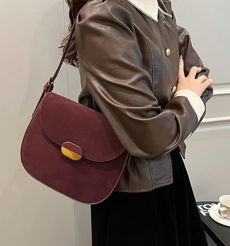 JOLILUNA Burgundy Suede Shoulder Bags For Women Brown Suede Small Trendy Wine Crossbody Bag Saddle Suede Satchel Bag (Burgundy) - Image 2