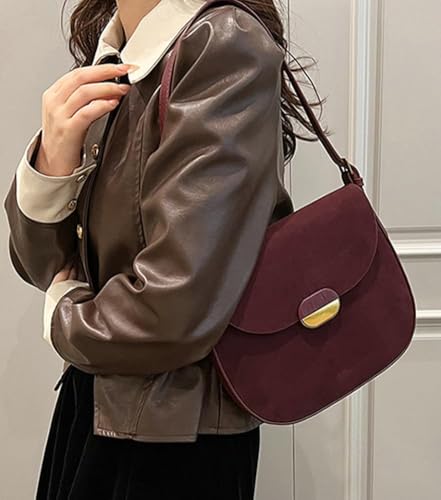 JOLILUNA Burgundy Suede Shoulder Bags For Women Brown Suede Small Trendy Wine Crossbody Bag Saddle Suede Satchel Bag (Burgundy) - Image 4