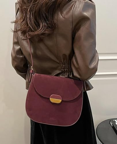 JOLILUNA Burgundy Suede Shoulder Bags For Women Brown Suede Small Trendy Wine Crossbody Bag Saddle Suede Satchel Bag (Burgundy) - Image 3