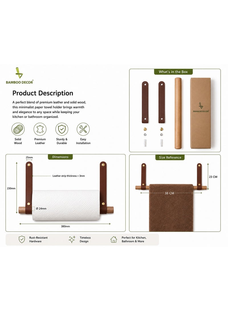 Bamboo Decor | Japanese Paper Towel Holder - Minimalist Design Towel Bar Made Of Solid Wood And Leather -Wall Mounted Roll Dispenser (Model A) - Image 3
