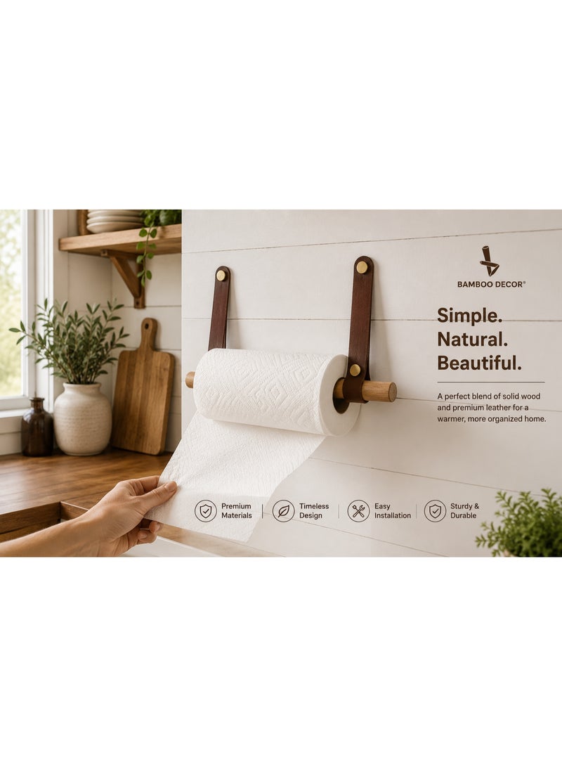 Bamboo Decor | Japanese Paper Towel Holder - Minimalist Design Towel Bar Made Of Solid Wood And Leather -Wall Mounted Roll Dispenser (Model A) - Image 4
