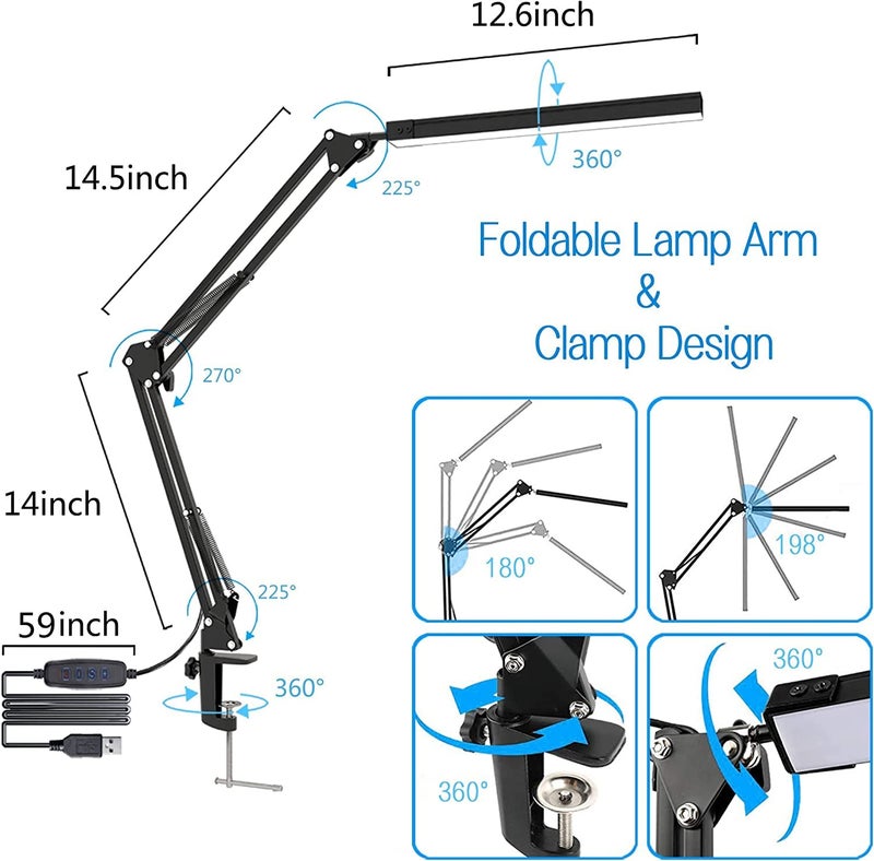 TDOO Dimmable Desk Lamp with Clamp,Brightness Adjustable Swing Arm Table Lamp,Stepless Dimming lamp, Eye Care Daylight Natural Light for Study,Work,Home,Office (EX) - Image 5
