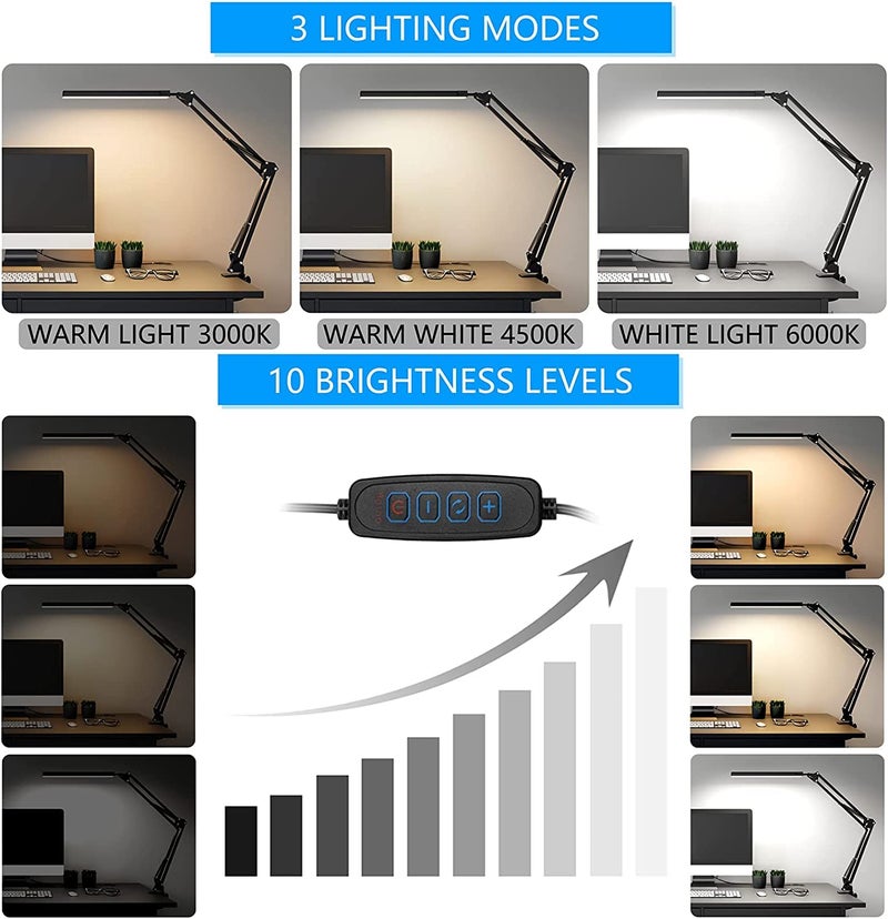 TDOO Dimmable Desk Lamp with Clamp,Brightness Adjustable Swing Arm Table Lamp,Stepless Dimming lamp, Eye Care Daylight Natural Light for Study,Work,Home,Office (EX) - Image 2