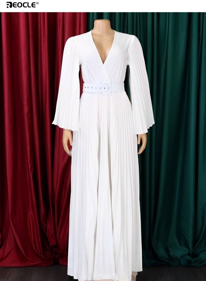 REOCLE Women's Maxi Elegant V Neck Cocktail Dress Wedding Evening Pleated A Line Rocker Swing Dress with Belt - Image 3