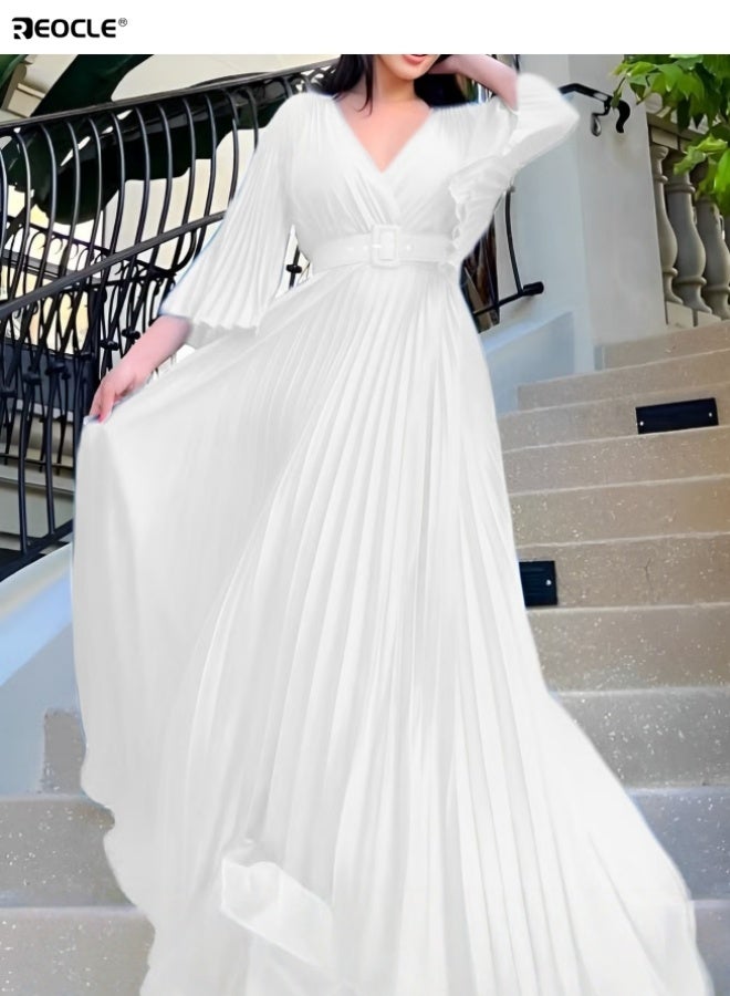 REOCLE Women's Maxi Elegant V Neck Cocktail Dress Wedding Evening Pleated A Line Rocker Swing Dress with Belt - Image 1