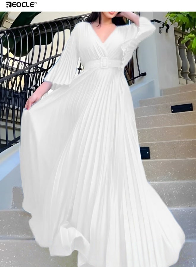 REOCLE Women's Maxi Elegant V Neck Cocktail Dress Wedding Evening Pleated A Line Rocker Swing Dress with Belt - Image 2