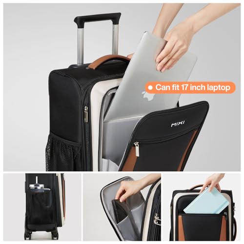 mixi Carry On Luggage 20 Inch Softside Expandable Suitcase with Front Pocket, 22x14x9 Airline Approved Rolling Lightweight Travel Suitcases with Wheels & TSA (Black-Off White) - Image 4