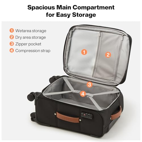 mixi Carry On Luggage 20 Inch Softside Expandable Suitcase with Front Pocket, 22x14x9 Airline Approved Rolling Lightweight Travel Suitcases with Wheels & TSA (Black-Off White) - Image 3