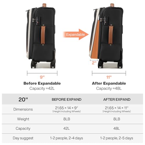 mixi Carry On Luggage 20 Inch Softside Expandable Suitcase with Front Pocket, 22x14x9 Airline Approved Rolling Lightweight Travel Suitcases with Wheels & TSA (Black-Off White) - Image 5