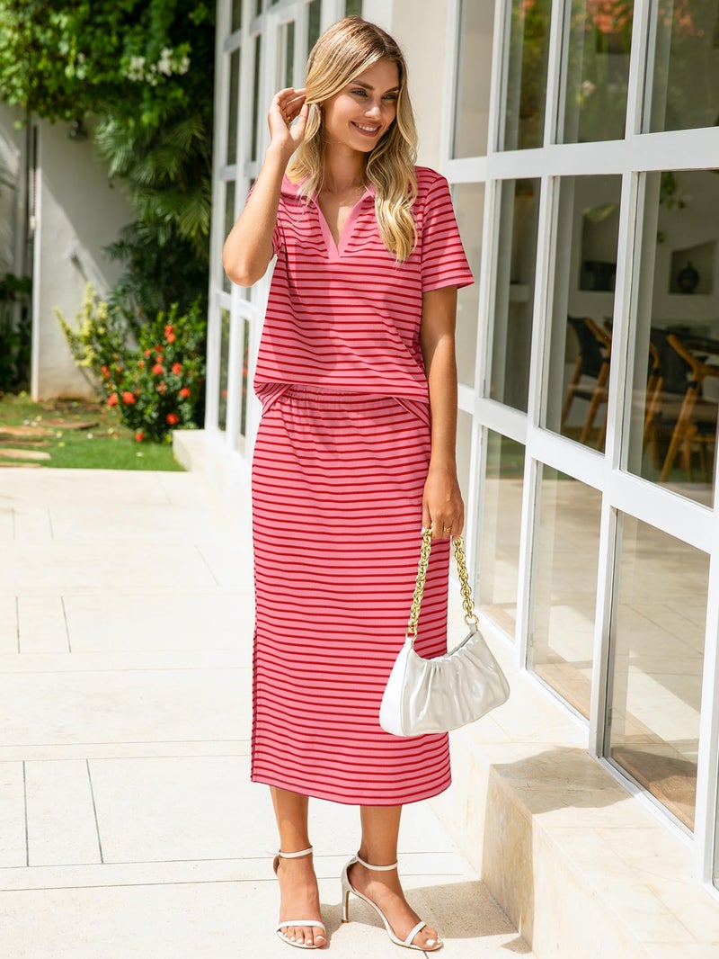 Glamaker Two Piece Sets for Women Summer Short Sleeve 2 Piece Skirt Sets Striped Matching Lounge Sets (Red Pink XL) - Image 3