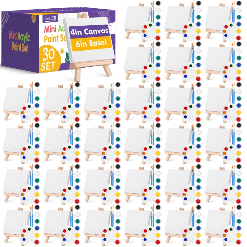 ESRICH 30 Pack Mini Acrylic Paint Kit,Canvas Painting Kit,4in Stretched Canva with 6in Easel,Acrylic Paint Strips,Palettes,Painting Brushes,Canva and Easel Set for Kids Artists Beginner,Gift - Image 1