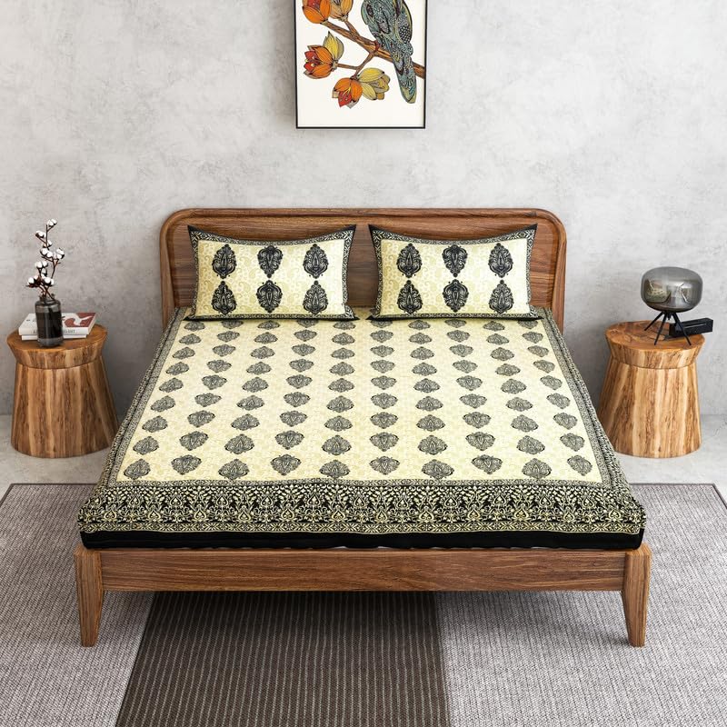 Furnofy 100% Cotton Traditional Jaipuri Print King Size Bedsheet (90x108 Inches) with 2 Matching Pillow Covers – Flat, Black & White - Image 1