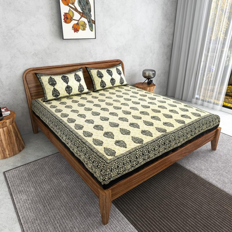 Furnofy 100% Cotton Traditional Jaipuri Print King Size Bedsheet (90x108 Inches) with 2 Matching Pillow Covers – Flat, Black & White - Image 2