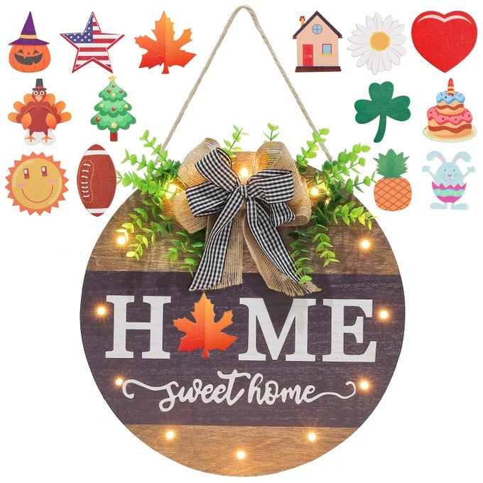INTERCHANGEABLE WELCOME SIGN FOR FRONT DOOR WITH 14 CHANGEABLE ICONS FARMHOUSE FRONT PORCH DECOR RUSTIC WOODEN WALL SIGN WITH 12 LED LIGHTS OUTDOOR SEASONAL WELCOME HOME DECORATIONS WOOD HOME1