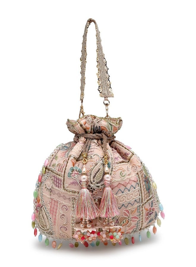 Anekaant Dangle Baby Pink & Multi Abstract Embroidered Georgette Potli - Image 1