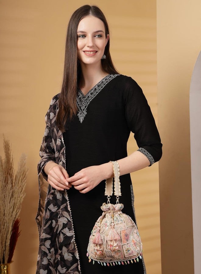 Anekaant Dangle Baby Pink & Multi Abstract Embroidered Georgette Potli - Image 3