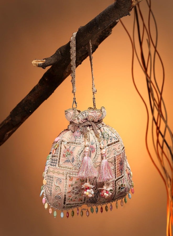 Anekaant Dangle Baby Pink & Multi Abstract Embroidered Georgette Potli - Image 2